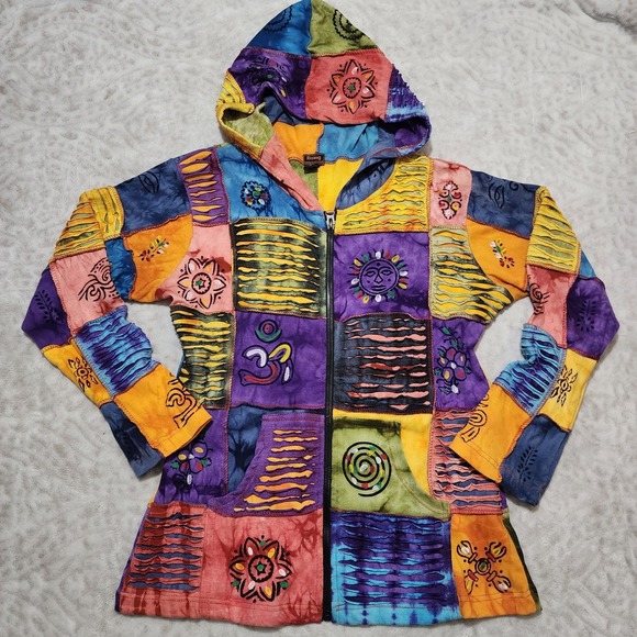 Rising International Tops - Rising International Hoodie XL Tie Dye Patchwork Sun Celestial Hippie Artsy Boho